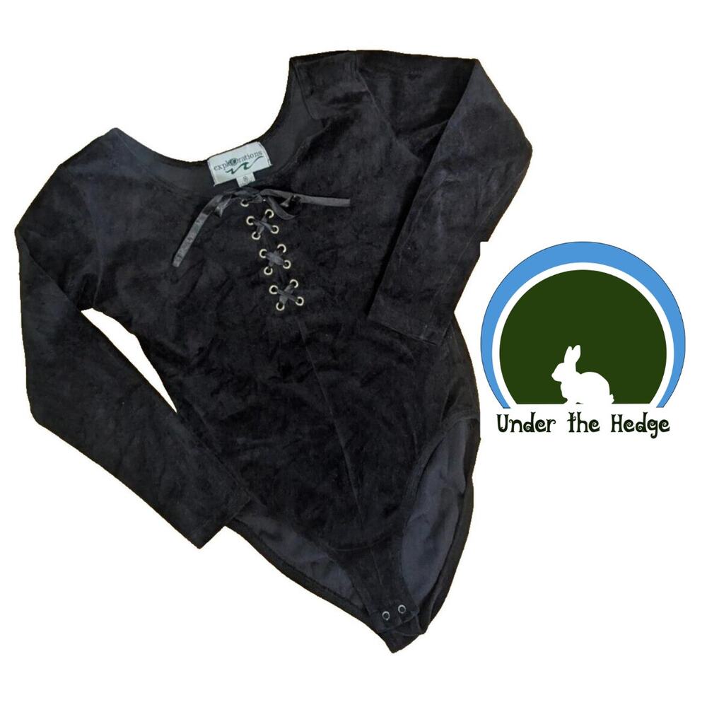 Vtg Explorations Black Velour Lace Up Bodysuit Medium J1 Whimsigoth Goth Grunge
